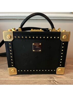 MCM Black Leather Mini Trunk Bag with Gold Hardware